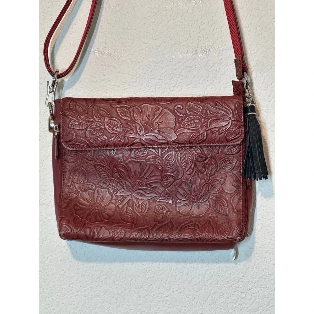 Gun Tote'n Mamas Burgundy Floral Embossed Leather Concealed Carry Crossbody Bag